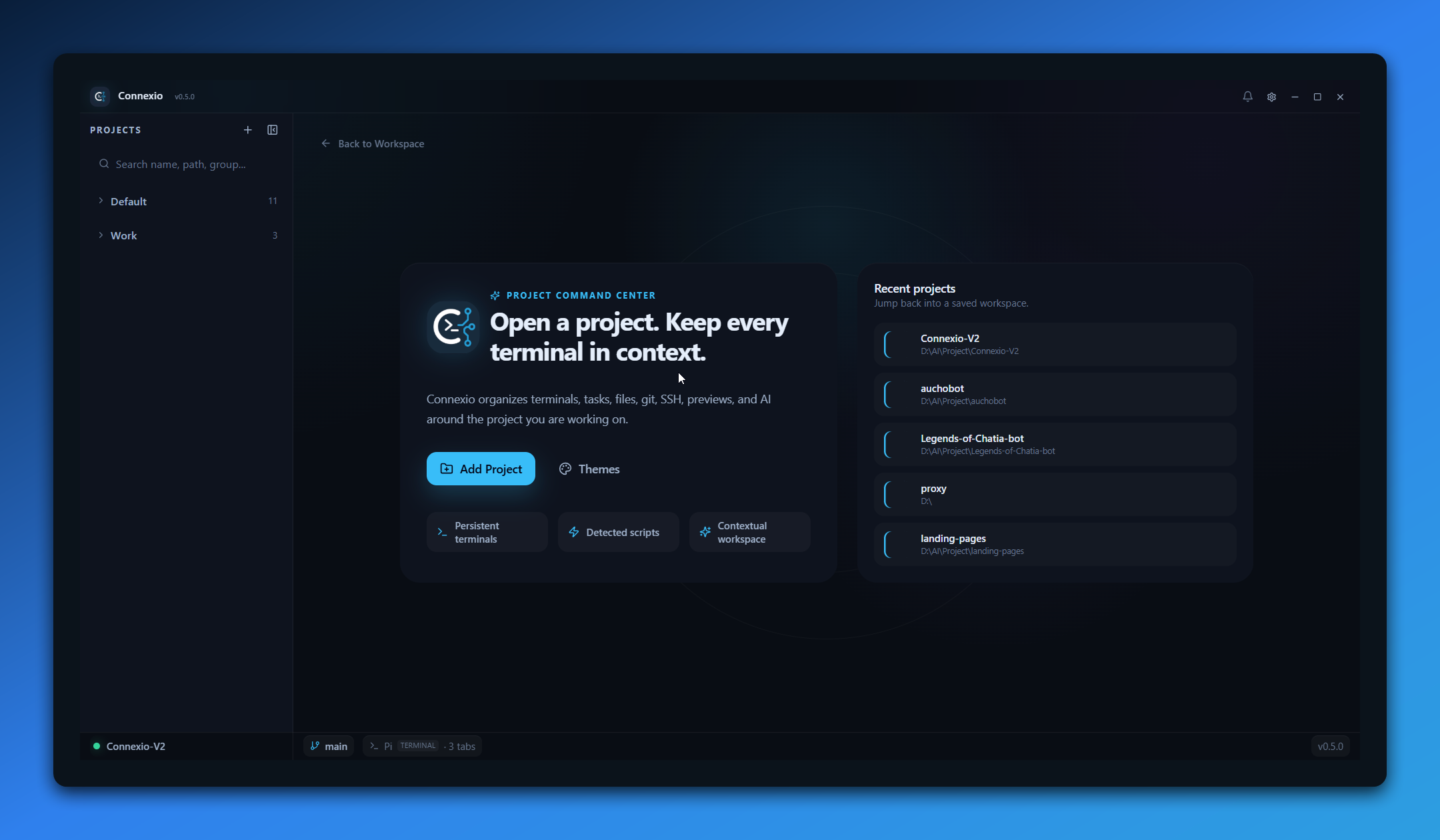 Connexio v0.5.0 — Project command center and recent projects