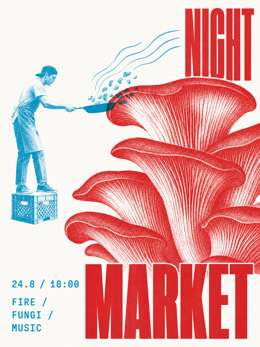 Red and cyan mushroom night market poster