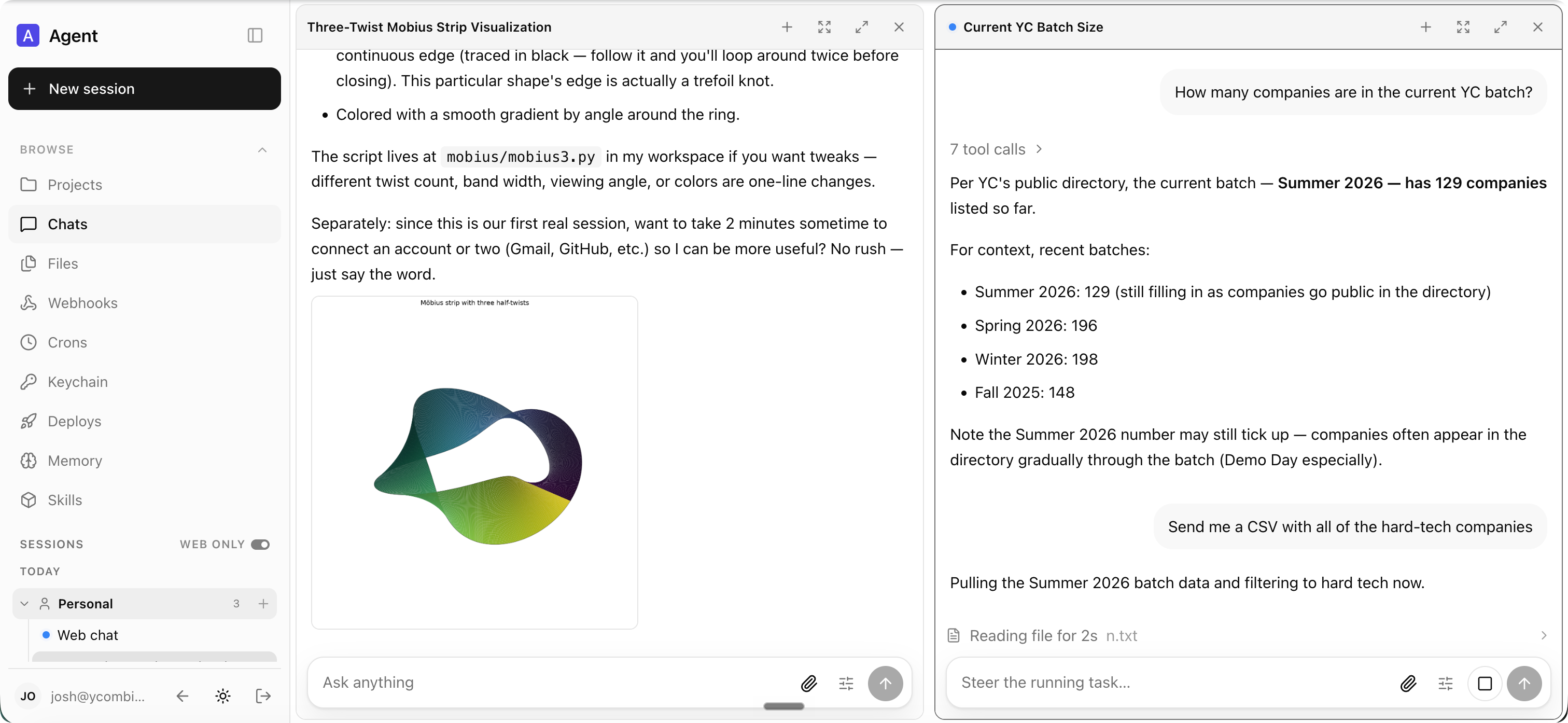 The QM web UI: two concurrent sessions, a sidebar of personal files, crons, keychain, deploys, memory, and skills