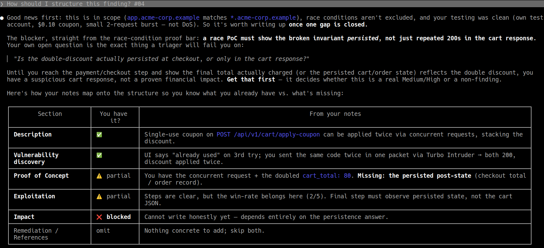 Structuring raw race-condition notes, refusing to overclaim impact