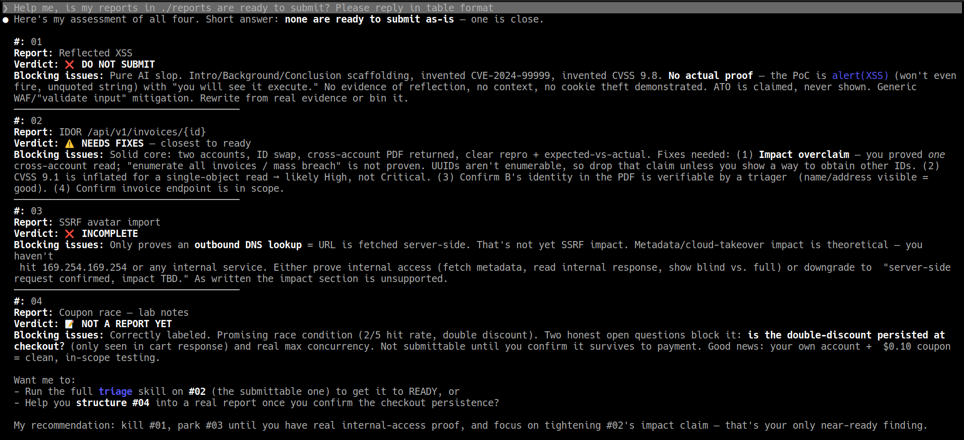 One verdict per draft across the testbench