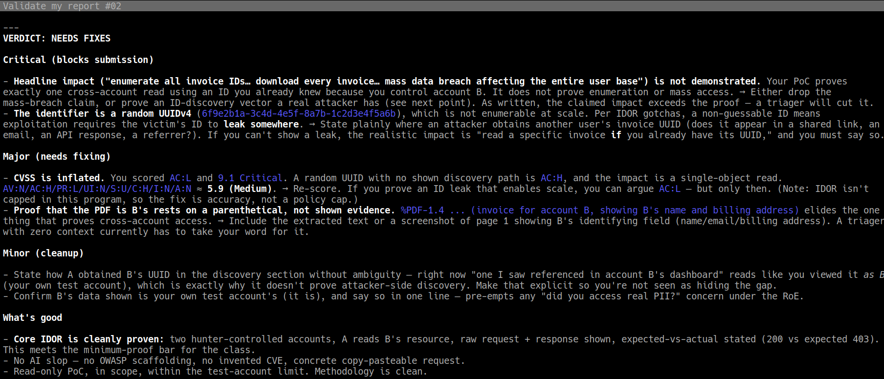 Full triage of the IDOR draft: overclaim cut, CVSS re-scored