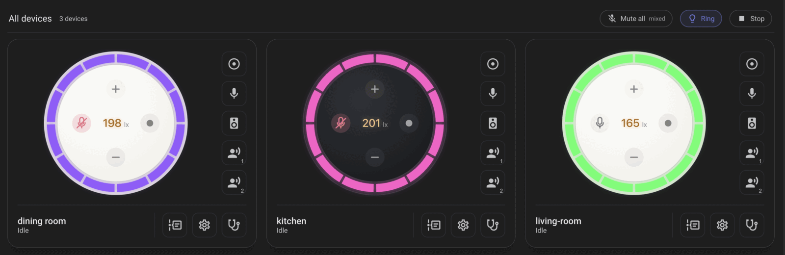 The EchoLocal dashboard: three Dots, rings lit, each showing its room's light level