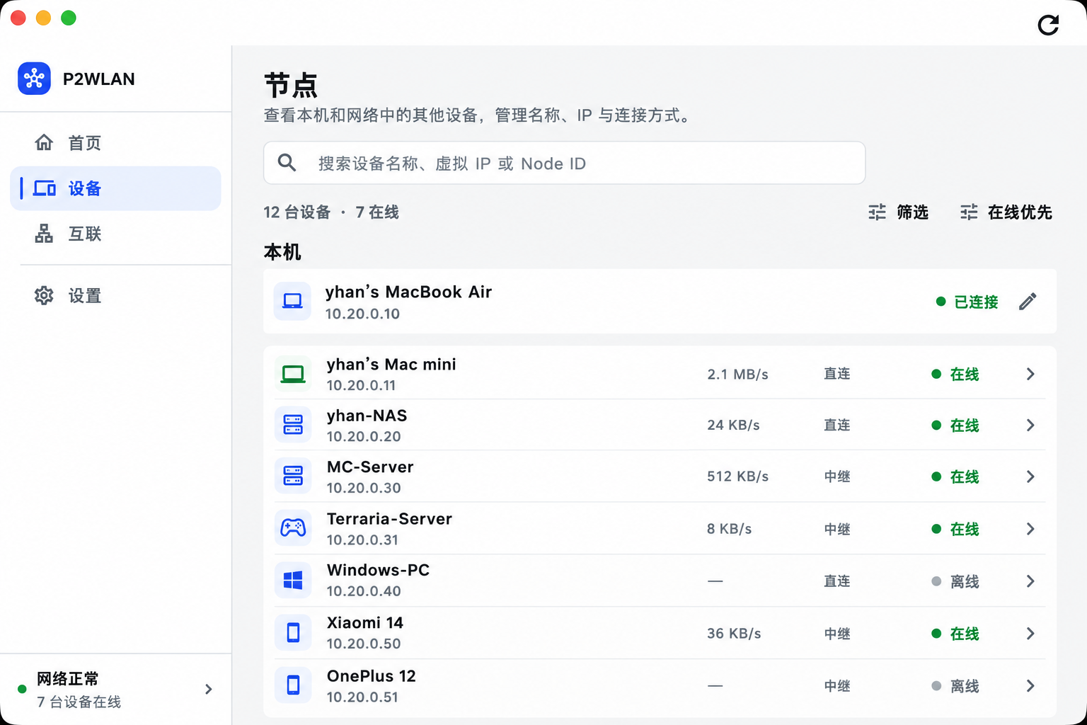 P2WLAN 设备列表:节点、连接速率和在线状态