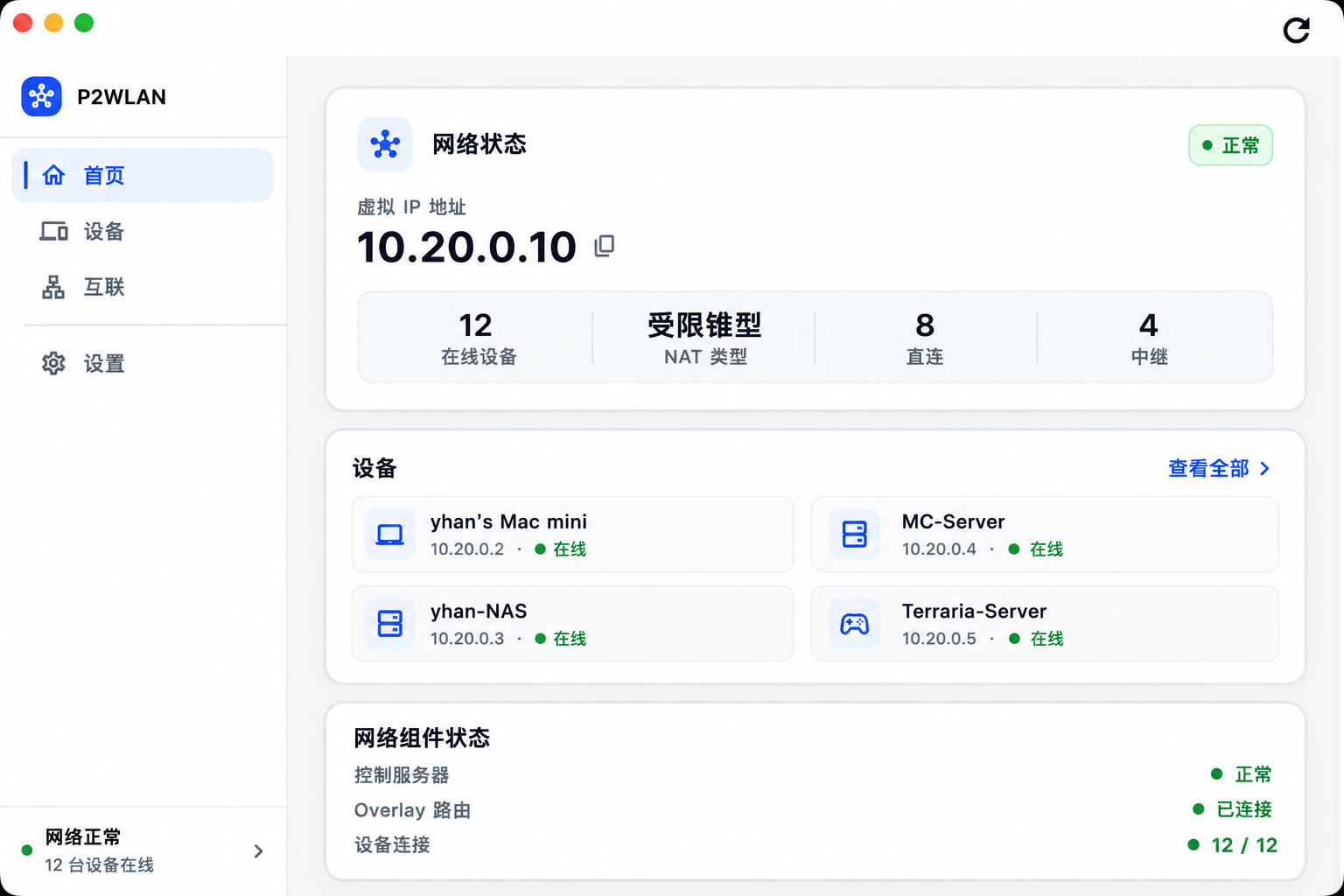 P2WLAN 首页:网络状态和在线设备