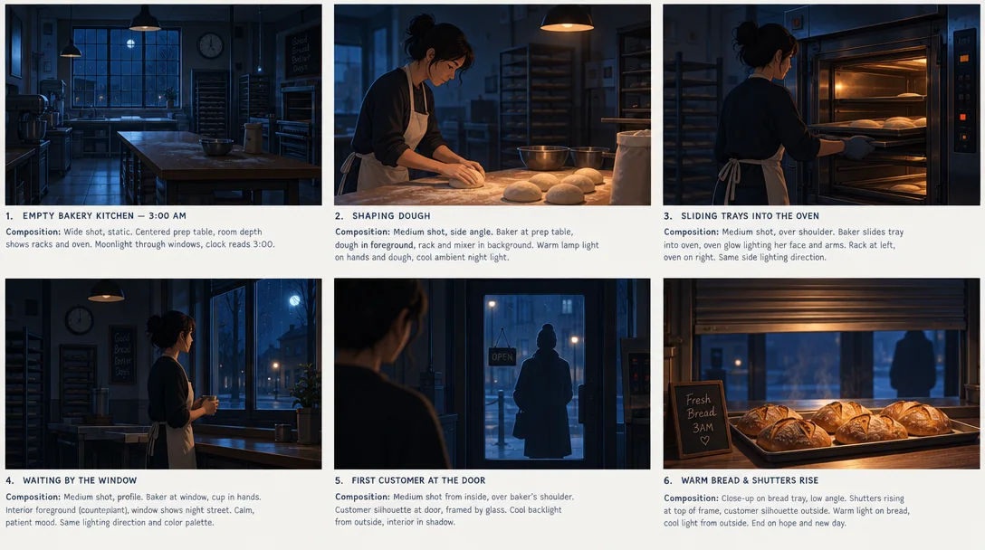 Six-panel storyboard generated with a GPT Image 2.5 prompt on YouArt
