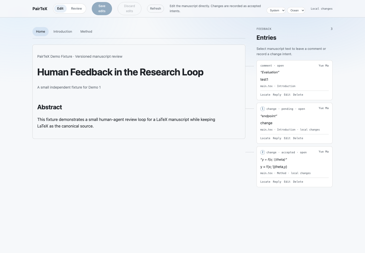 PairTeX demo showing a readable paper, Edit and Review modes, and feedback cards with Locate, Reply, Edit, and Delete actions