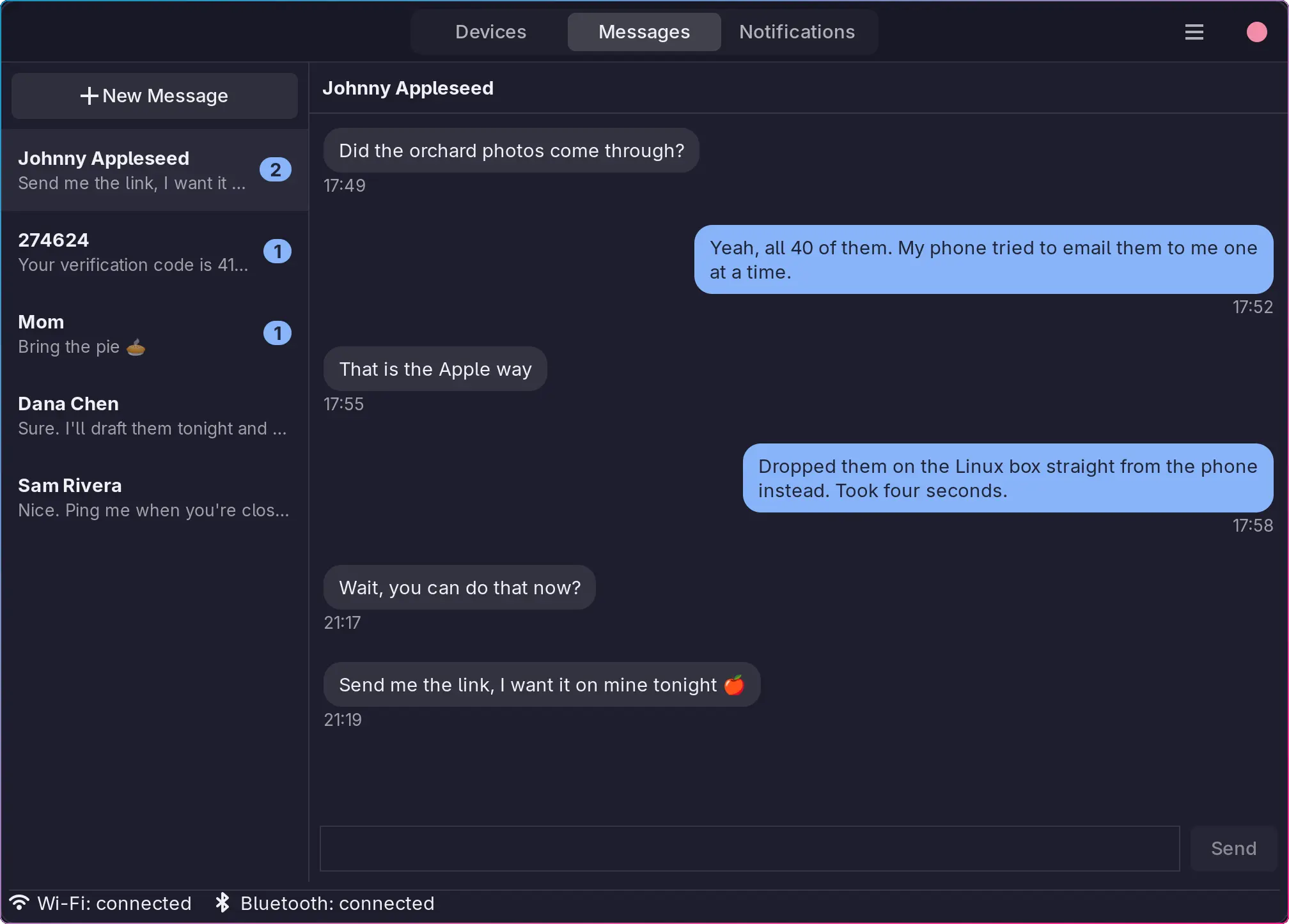 The Tether desktop app's Messages view: a conversation list on the left and an open conversation with sent and received messages on the right