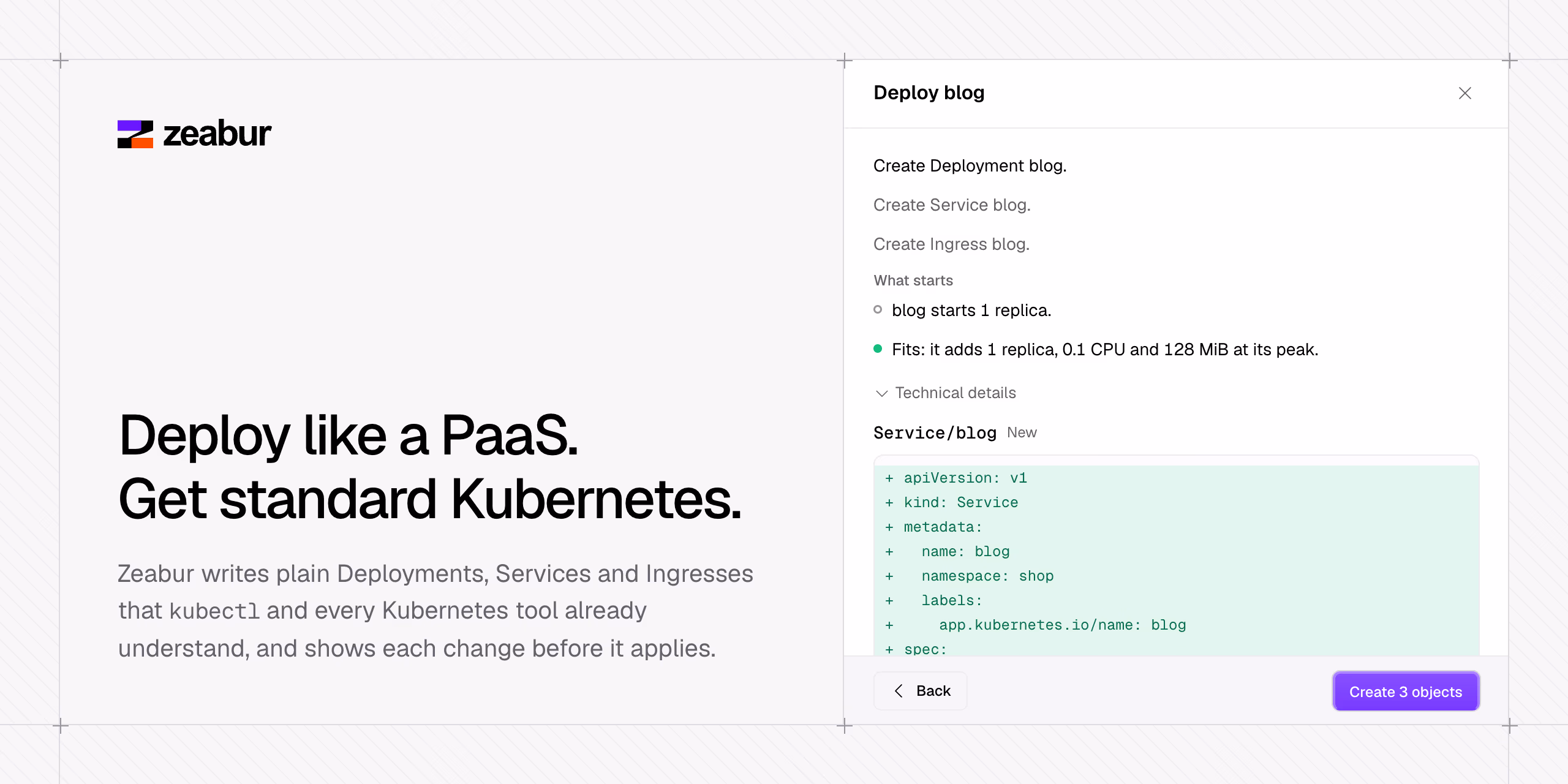 Zeabur: deploy like a PaaS, get standard Kubernetes; the review of a new service lists a Deployment, a Service and an Ingress with their YAML before it creates them