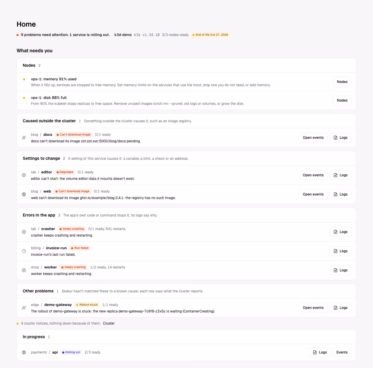 Home: what needs you across the cluster, grouped by where each problem comes from