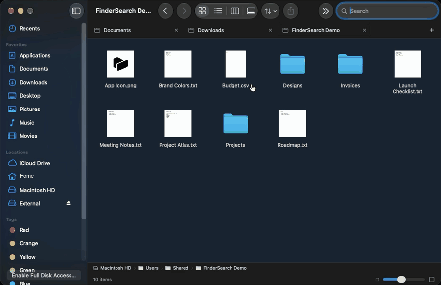 FinderSearch demo with the sidebar visible: type a filename and see search results narrow